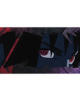 40x20 inches anime desk pad with Sasuke Uchiha Sharingan stare, jagged hair, gritty textured art.