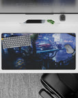 32x16 inches mouse pad with Spike Spiegel against a glowing city skyline and Red Tail, capturing a noir-inspired aesthetic.