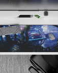 36x16 inches mouse pad with Spike Spiegel against a glowing futuristic skyline, Red Tail poised for action in a noir design.