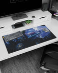 Modern 32x16 inches mouse pad featuring Spike Spiegel, glowing futuristic skyline, and Red Tail for a bold, cinematic effect.