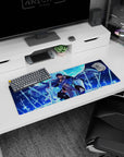 Artistic 32x12 inches mouse pad featuring Esdeath design, with frozen swords and a glacial ice throne under a midnight blue sky for chilling elegance.
