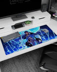 Artistic 36x16 inches mouse pad featuring Esdeath design, with her seated on a glacial throne, surrounded by frozen swords for a breathtaking anime vibe.