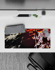 28x12 inches anime mouse pad in stormy orange firelight and deep shadows, ink-stained white kimono vibe.