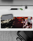 Dark ink-stained white kimono against orange firelight, cinematic anime mouse pad 32x12 inches.