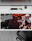 32x16 inches anime mouse pad in stormy orange firelight and deep shadows, cinematic chaos vibe.