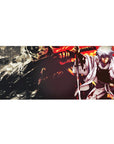 Cinematic anime desk pad 36x16 inches with white-haired swordsman in ruined city and monster silhouette.