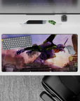 32x16 inches mouse pad with Evangelion Unit-01 design, featuring chaotic energy with Unit-01 charging through a collapsing city, bloodstained and powerful.