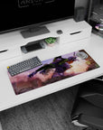 Artistic 32x12 inches mouse pad featuring Evangelion Unit-01 design, with raw energy as Unit-01 charges through a collapsing city in chaos.