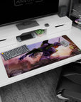 Artistic 36x16 inches mouse pad featuring Evangelion Unit-01 design, with battle scars and raw energy as it charges through a collapsing city.