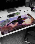 Large 40x20 inches mouse pad featuring Evangelion Unit-01 design, with battle scars and raw power as it charges through a collapsing city in chaos.