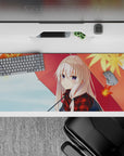 Cozy rainy-day anime mouse pad 36x16 inches in red plaid, soft blues, and warm maple tones.