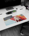 28x12 inches anime mouse pad showing violet-eyed silver-haired girl in red plaid beneath a red umbrella.