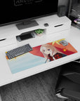 32x12 inches extended mouse pad showing a soft-smiling silver-haired girl sheltering under a big red umbrella.