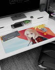 Silver-haired anime girl with violet eyes under a big red umbrella desk pad 36x16 inches.