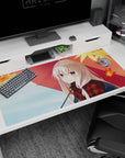 Silver-haired anime girl under a big red umbrella desk pad 40x20 inches, warm leaves in a rainy scene.