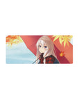 28x12 inches anime girl mouse pad with silver-haired girl under red umbrella and falling autumn leaves.