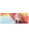 32x12 inches anime girl mouse pad with silver-haired girl under red umbrella and falling autumn leaves.