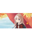 Anime girl desk pad 36x16 inches with silver-haired girl under red umbrella and autumn leaves.