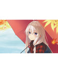 Anime girl desk pad 40x20 inches with silver-haired girl under red umbrella and falling maple leaves.