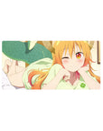 32x16 inches anime girl mouse pad with winking dragon maid, horns, teal scales, smooth desk mat design.