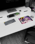 Anime shrine girl lounging with red oni mask, purple hair and green eyes on 14x10 inches mouse pad.