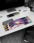 Anime girl mouse pad 32x12 inches showing green-eyed purple-haired girl lounging, holding red oni mask.
