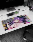 32x16 inches anime girl mouse pad showing green-eyed purple-haired shrine girl lounging with red oni mask.