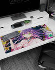 Purple-haired anime girl lounging with red oni mask on desk pad 36x16 inches, green eyes and kimono.