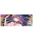 Anime girl mouse pad 32x12 inches with shrine-style purple-haired girl, oni mask, kimono florals.