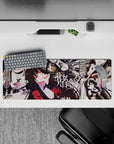 Anime girl mouse pad 32x12 inches in deep blacks, creamy whites, and crimson blazer for a risky, dramatic vibe.
