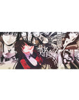 Manga collage anime girl desk pad 36x16 inches with bold panels, lettering, and flowing hair.