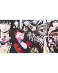 Manga collage anime girl desk pad with layered panels and lettering, 40x20 inches.