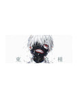 Mouse pad featuring Kaneki design, 28x12 inches, with white hair, ghoul mask, and red eye, using bold strokes for a powerful, abstract Tokyo Ghoul look.