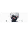 Compact 32x12 inches mouse pad with Kaneki design, blending bold painterly strokes with white hair, ghoul mask, and red eye for a raw transformation effect.