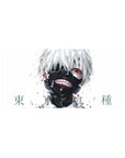 Mouse pad featuring Kaneki design, 32x16 inches, with painterly strokes highlighting his ghoul mask, white hair, and red eye for a chaotic and artistic effect.