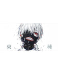 Mouse pad featuring Kaneki design, 36x16 inches, with bold painterly strokes capturing his white hair, ghoul mask, and red eye for a chaotic transformation.