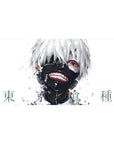 Mouse pad featuring Kaneki design, 40x20 inches, with white hair, ghoul mask, and red eye, using bold painterly strokes to symbolize his chaotic transformation.
