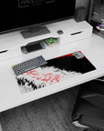 My Hero Academia mouse pad, 28x12 inches, featuring abstract chaos design with red, white, and black triangles for an edgy, bold workspace vibe.