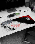 Artistic 36x16 inches desk pad featuring abstract chaos design, with red, white, and black triangles in a fractured, high-energy geometric explosion.