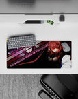 Mitsuru Kirijo Persona 3 mouse pad, 28x12 inches, featuring sharp magenta and noir tones with bold lettering and velvet texture.