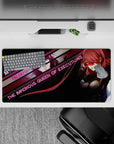 Anime mouse pad 32x16 inches featuring Mitsuru Kirijo from Persona 3, in sharp magentas and noir texture, exuding elegance.