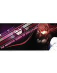 Mitsuru Kirijo from Persona 3 on a 36x16 inches desk pad, vibrant magentas and noir textures evoke elegance and power.