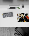 14x10 inches classic anime mouse pad in red, white, and black with gritty shading and fierce calm energy.