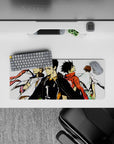 28x12 inches anime mouse pad with red and white warmups, gritty shading, calm fierce team tension.