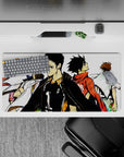 32x16 inches anime mouse pad with crisp white backdrop, gritty shading, and red-black team tension.