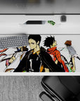 36x16 inches anime desk pad with red and white warmups, gritty shading, and fired-up calm tension.