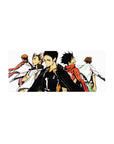 28x12 inches anime mouse pad with five volleyball rivals back-to-back in ink-splash style on white.