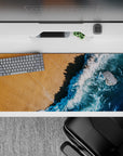 Serene 36x16 desk pad with golden sand and crashing waves, bringing the tranquil beauty of the beach to your workspace for a refreshing vibe