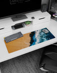 Oceanic 32x12 mouse pad with crashing waves on golden sand, ideal for adding serenity and a touch of the sea to your desk