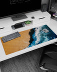 Oceanic 36x16 anime desk mat with crashing waves and golden sand, perfect for adding the peaceful beauty of the sea to your desk